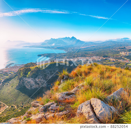 Gorgeous morning view of Bagheria town and national park Orientata Pizzo Cane. 88252054