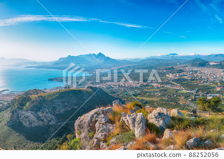Gorgeous morning view of Bagheria town and national park Orientata Pizzo Cane. 88252056