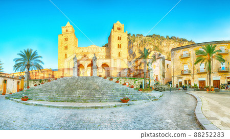 Astonishing evening view on  Cathedral-Basilica of Cefalu or Duomo di Cefalu and square Piazza del Duomo 88252283