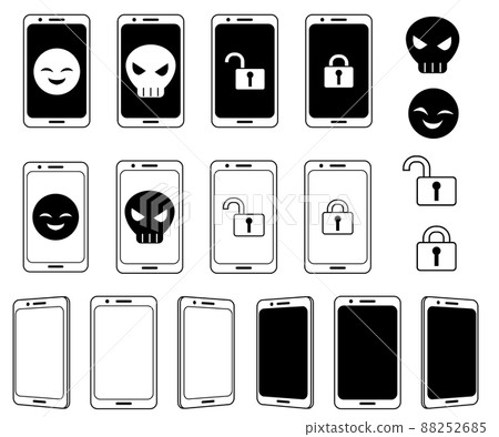 Icon material set such as dangerous images such as skulls and keys on the smartphone screen Icon material set such as dangerous images such as skulls and keys on the smartphone screen 88252685