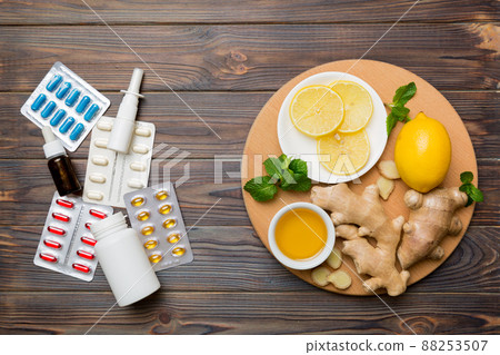 Natural cold and flu home remedies. Natural ingredients for immunity stimulation and viruses protection. top view flat lay 88253507