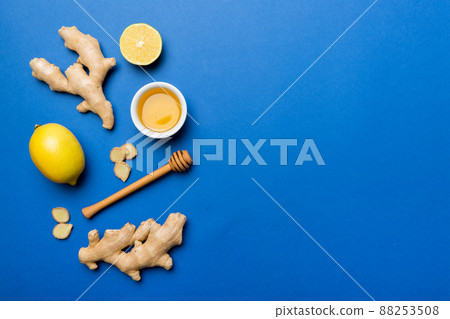 Natural cold and flu home remedies. Natural ingredients for immunity stimulation and viruses protection. top view flat lay 88253508