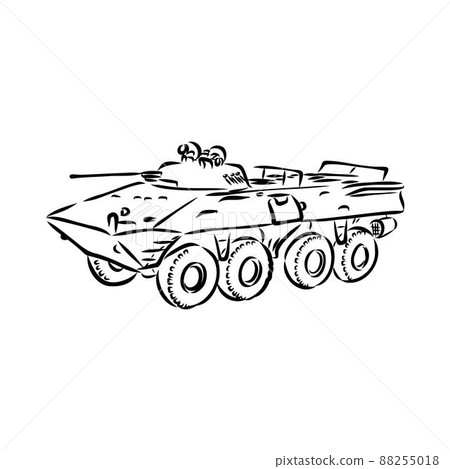 Military machinery hand drawing illustration. Armored personnel carrier or armored fighting vehicle. Sketch 88255018