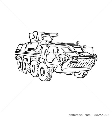 Military machinery hand drawing illustration. Armored personnel carrier or armored fighting vehicle. Sketch Military machinery hand drawing illustration. Armored personnel carrier or armored fighting vehicle. Sketch 88255028