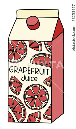 Doodle cartoon style red grapefruit in a box pack. Refreshing healthy natural drink, cocktail ingredient. For card, stickers, posters, bar menu or cook book recipe. 88255377