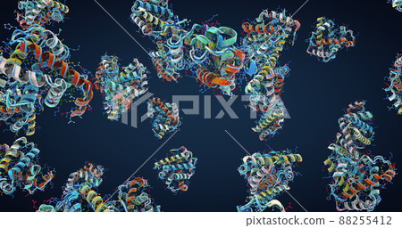 Colorful chain of amino acids or bio molecules called proteins - 3d illustration Colorful chain of amino acids or bio molecules called proteins - 3d illustration 88255412