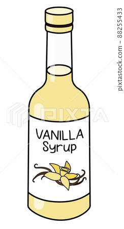 Doodle cartoon style vanilla syrup in a bottle. Sweet sugar cocktail ingredient. For card, stickers, posters, bar menu or cook book recipe. 88255433
