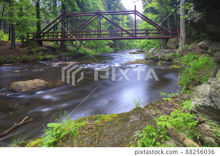 Paseracka lavka brige on the Divoka Orlice river in Zemska brana nature reserve, Orlicke mountains, Eastern Bohemia, Czech Republic Paseracka lavka brige on the Divoka Orlice river in Zemska brana nature reserve, Orlicke mountains, Eastern Bohemia, Czech Republic 88256036