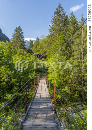 Rope bridge on the river Soca, Triglavski national park, Slovenia Rope bridge on the river Soca, Triglavski national park, Slovenia 88256098