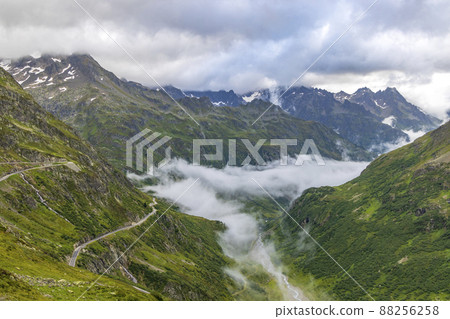 Typical alpine landscape of Swiss Alps near Sustenstrasse, Urner Alps, Canton of Bern, Switzerland Typical alpine landscape of Swiss Alps near Sustenstrasse, Urner Alps, Canton of Bern, Switzerland 88256258