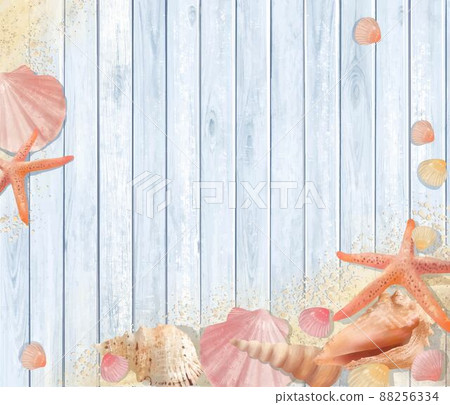 Summer image wallpaper and background material with sea sand and starfish and shells on a light blue board with warm wood tones 88256334