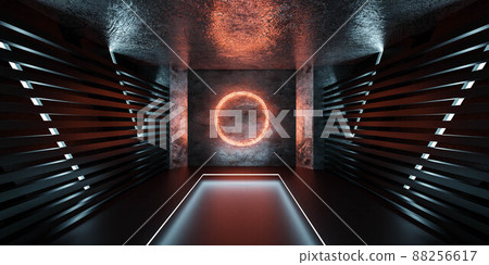 empty futuristic dark black metal basement with orange circle neon light 3d render illustration 88256617