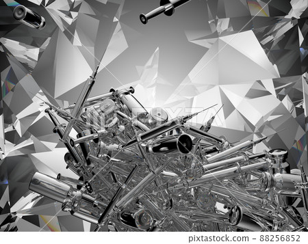 Syringes and medicine vials flow and scatter over kaleidoscope abstraction 88256852