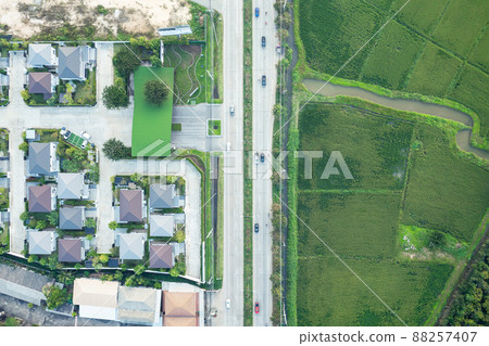 Land or landscape of green field in aerial view. 88257407