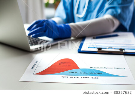 Doctor wearing protective gloves working on laptop computer 88257682