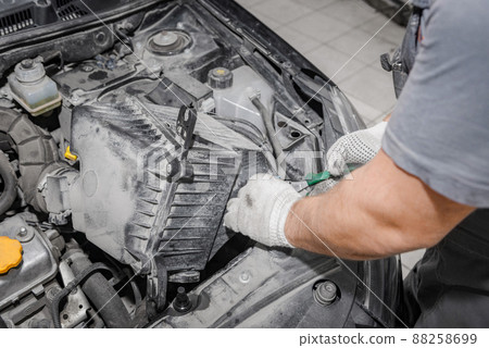 Mechanic repairing engine on a car using wrench. Close up of hands Mechanic repairing engine on a car using wrench. Close up of hands 88258699