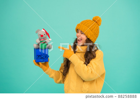 Successful shopping. rat symbol of year. happy girl hold 88258888