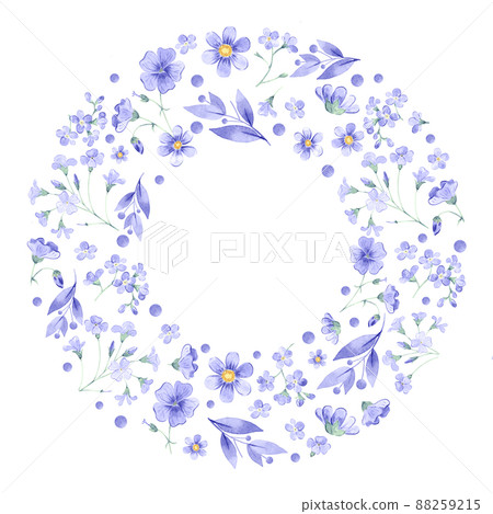 Round frame with watercolor very peri flowers. Hand drawn illustration of blooming plants. Botanical background for greeting card design and packaging. 88259215