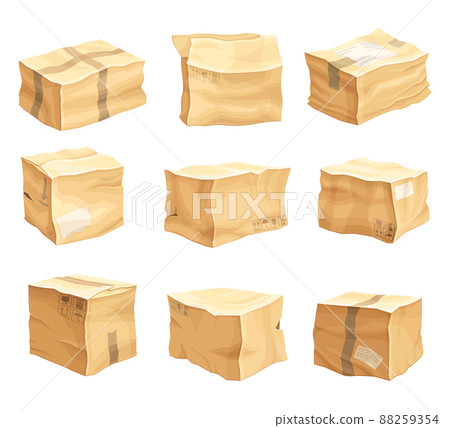 Crumpled Cardboard Box with Corrugated Sides as Packaging and Shipping Container Vector Set 88259354
