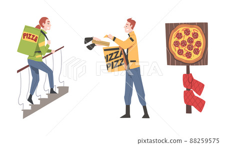Pizza delivery service. Courier delivering food to customers cartoon vector illustration 88259575