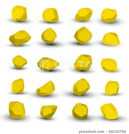 Cartoon stones. Rock stone isometric set. Yellow boulders, natural building block shapes, wall stones. 3d flat isolated illustration. Vector collection 88259768
