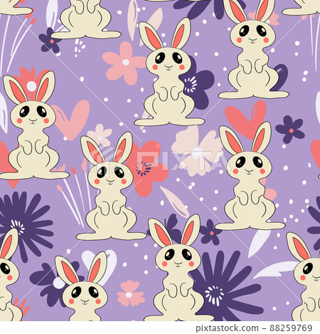 Seamless pattern with silhouette Easter rabbits on color floral background. Design for card, postcard, wallpaper, fabric, textile. Vector stock illustration. Cartoon style 88259769