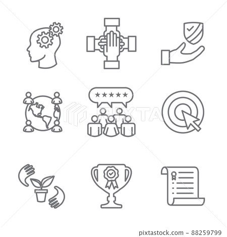 Core Values icon set with teamwork, work life balance with diversity 88259799