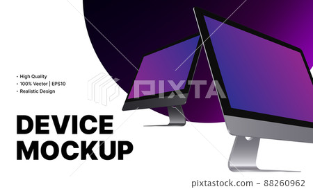 Two Computer Monitors Purple Mockup. Realistic PC Side View with Gradient Screen on White Background Two Computer Monitors Purple Mockup. Realistic PC Side View with Gradient Screen on White Background 88260962