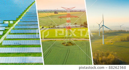 Generation of green energy with solar panels. wind farm with wind turbines and windmills and pylon. Generation of green energy with solar panels. wind farm with wind turbines and windmills and pylon. 88262368