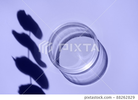 Empty laboratory glass petri for serum, oil, beauty products on violet background. Natural medicine, cosmetic research, bio science. Concept of skincare and analysis. Dermatology. Flat lay, top view Empty laboratory glass petri for serum, oil, beauty products on violet background. Natural medicine, cosmetic research, bio science. Concept of skincare and analysis. Dermatology. Flat lay, top view 88262829
