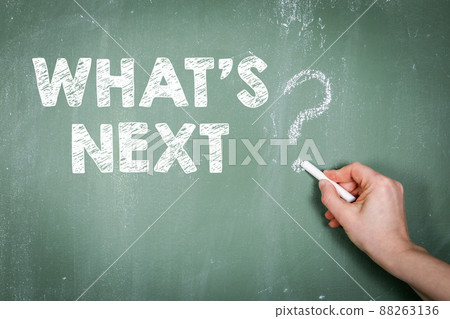 What's next. Text with a question mark on a green chalkboard background What's next. Text with a question mark on a green chalkboard background 88263136