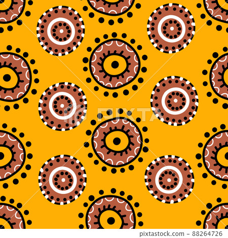 Seamless pattern with geometric aboriginal ornament. Ethnic tribal rounded color background. Afican, australian motiph. Dots painting. Vector illustration, template design for cloth, card, fabric 88264726