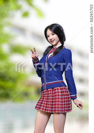 一名高中女生在學校操場上做和平標誌。 3D 插圖 3D 渲染 一名高中女生在學校操場上做和平標誌。 3D 插圖 3D 渲染 88265703