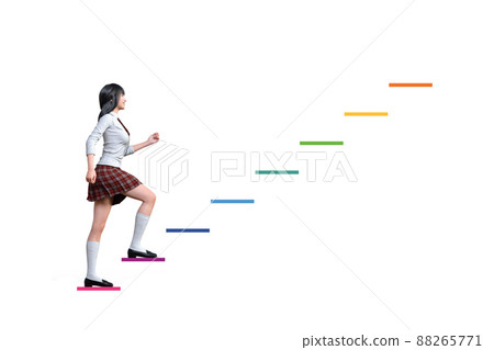 A high school girl climbing colorful stairs. 3D illustration 3D rendering A high school girl climbing colorful stairs. 3D illustration 3D rendering 88265771