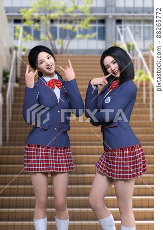 A blue blazer with a red ribbon and a checkered skirt in a rock and sexy pose in front of the stairs in the courtyard. A blue blazer with a red ribbon and a checkered skirt in a rock and sexy pose in front of the stairs in the courtyard. 88265772