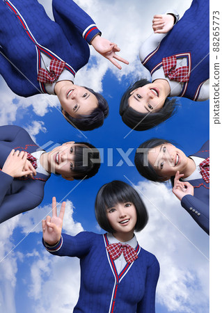 With the blue sky in the background, various high school girls from the culture club and the athletic club smile with energetic smiles and challenge for the future. 88265773