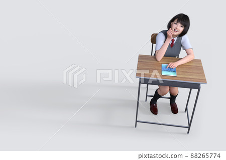 我把平板電腦屏幕放在辦公桌上，坐在椅子上，捂著臉頰，斜著抬頭，身穿灰色背心，繫著紅色領帶。 88265774