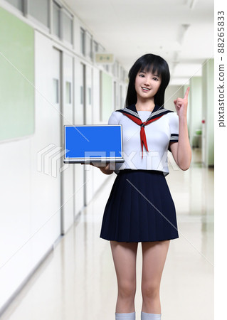 一個身穿水手服的女學生拿著筆記本電腦,在學校走廊裡用食指指著的姿勢 一個身穿水手服的女學生拿著筆記本電腦,在學校走廊裡用食指指著的姿勢 88265833