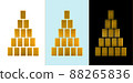 Pyramids of gold bars on a white, blue and black background are isolated. 88265836