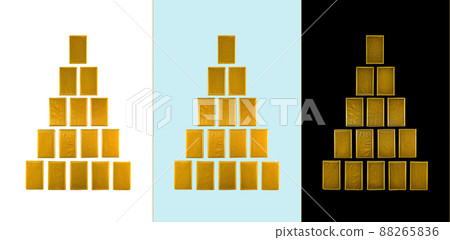Pyramids of gold bars on a white, blue and black background are isolated. Pyramids of gold bars on a white, blue and black background are isolated. 88265836