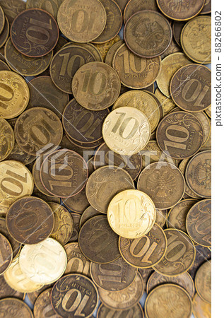 Russian coins, rubles. Background and texture of Russian money Russian coins, rubles. Background and texture of Russian money 88266802