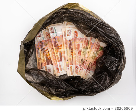 a package with bundles of money of Russian rubles with a face value of five thousand rubles a package with bundles of money of Russian rubles with a face value of five thousand rubles 88266809