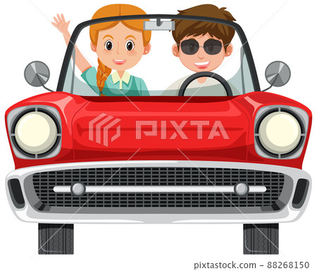 Couple in classic red car on white background Couple in classic red car on white background 88268150