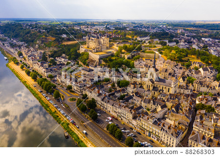 Aerial view of the city of Saumur and medieval castle Saumur on the banks of the Loire river 88268303