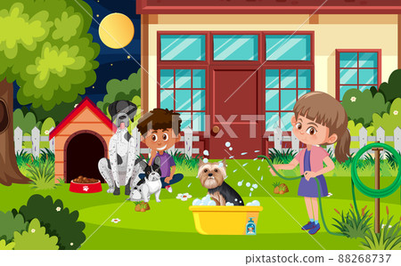 Outdoor scene with children washing their dogs Outdoor scene with children washing their dogs 88268737