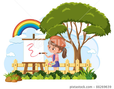 Isolated outdoor park with a girl drawing on canvas Isolated outdoor park with a girl drawing on canvas 88269639