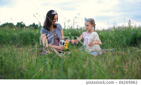 Cute Little Girl with her Mother Playing Together while Resting on Summer Meadow. Happy Childhood and Mothers Day Concept 88269862