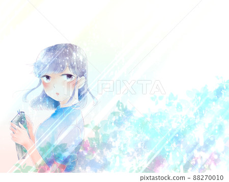 窗玻璃中反射的繡球花和女孩/雨後 88270010