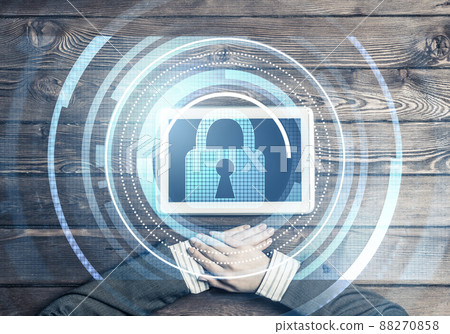 Concept of computer access with media lock icon on tablet screen 88270858