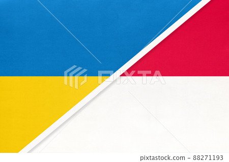 Ukraine and Monaco, symbol of country. Ukrainian vs Monacan national flags. Ukraine and Monaco, symbol of country. Ukrainian vs Monacan national flags. 88271193